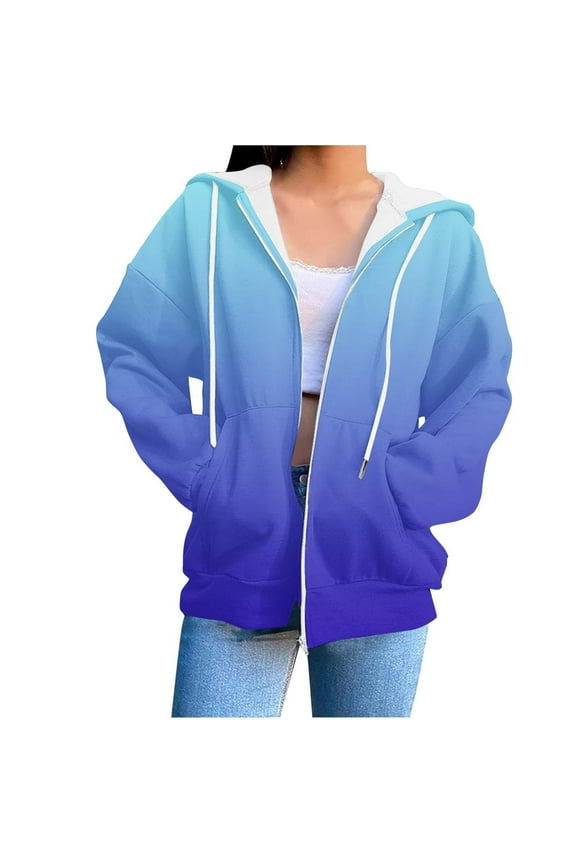 No Boundarie Women's Ladies Printed Hooded Long Sleeve Top,Ladies Gradient Colored Jacket With Pocket,Loose Oversized Sweatshirts For Women,*Blue,Size L