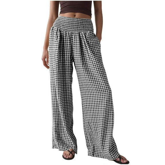 VBVC No Boundarie Women's Plaid High Elastic Wide Leg Pants,Womens Loose Floral Pants with Pockets,Comfy Ladies Y2K Striped Lounge Pants,Black,Size XXL