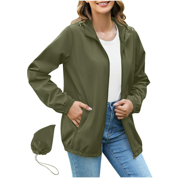 VBVC No Boundarie Women's Plus Size Long Sleeve Rain Jacket,Ladies Packable Hooded Outdoor Windbreaker,Lightweight Waterproof Rain Coat With Pocket For Women,*Green,Size S
