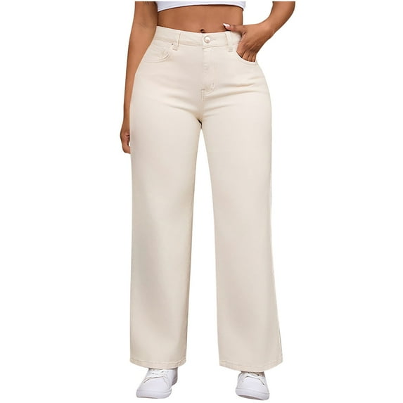 VBVC No Boundarie Women's Straight Wide Leg Jeans With Pockets,Womens Oversized Fashion Elastic Waist Pants,Girl's Y2K Zipper Washed Jean,Beige,Size M