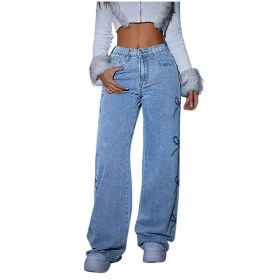 VBVC No Boundarie Women's Straight Wide Leg Jeans With Pockets,Womens Oversized Fashion Elastic Waist Pants,Girl's Y2K Zipper Washed Jean,Light Blue,Size L