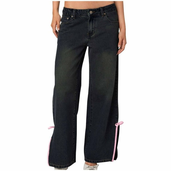 VBVC No Boundarie Women's Stretchy High Waisted Jeans With Pocket,Ladies Y2K Cargo Wide Leg Denim Pants,Loose Vintage Jeans Trousers For Women,Dark Blue,Size S