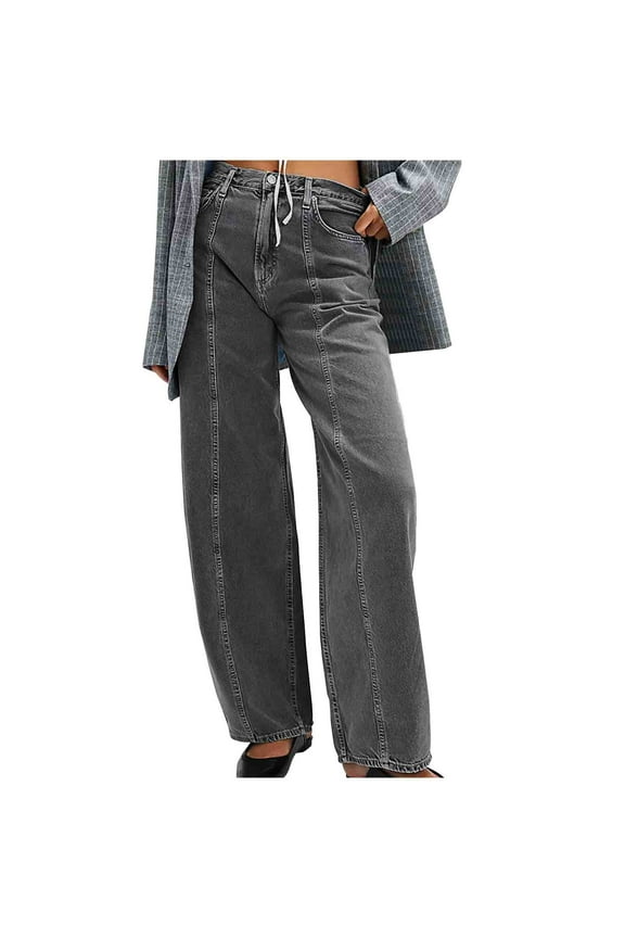 No Boundarie Women's Stretchy High Waisted Jeans With Pocket,Ladies Y2K Cargo Wide Leg Denim Pants,Loose Vintage Jeans Trousers For Women,Gray,Size S