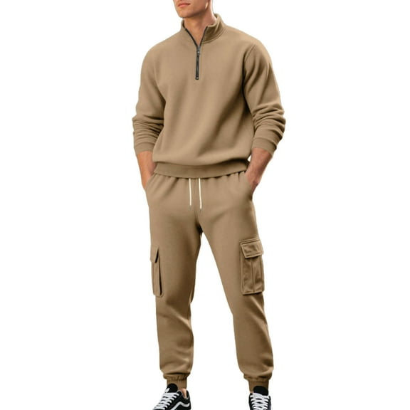 VBVC No Boundarie Men's Oversized 2 Piece Cargo Set,Quarter Zip Sweatshirt and Jogger Pants Set,Fall Winter Stand Collar Outfit For Men,Brown,Size XXXL