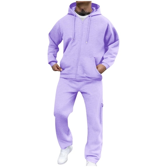 VBVC No Boundarie Men's Plus Size 2 Piece Athletic Outfit,Full Zip Hoodie and Cargo Sweatpants Set,Winter Drawstring Tracksuit For Men With Pockets,Purple,Size M