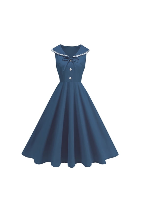 No Boundarie Women's 1950s Vintage Swing Midi Dress,Bowknot Sleeveless Collar Cocktail Dress For Women,Ladies Retro A-Line Party Dress,Navy,Size S