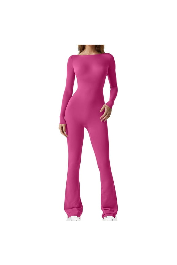 Women's 2 Piece Crew Neck Jumpsuits,Ladies Butt Lift One Piece Pants,Slimming Bodysuits Pants For Women with Deep-V Back,Hot Pink,XXL