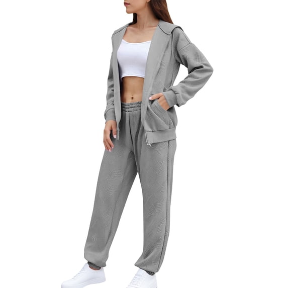 VBVC No Boundarie Women's 2 Piece Jacket and Jogger Set,Ladies Lounge Tracksuit with Pockets,Fall Winter Zip Up Hooded Outfit For Women,Gray,Size XXL