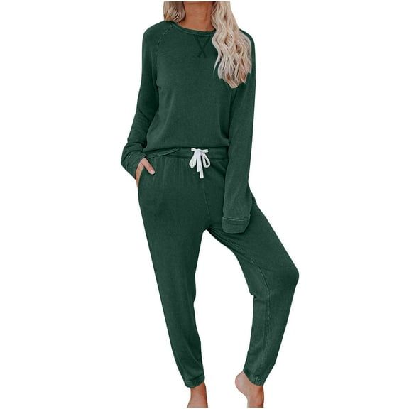 VBVC No Boundaries Women's 2 Piece Long Sleeve Lounge Set,Ladies Wool Jogger Sweatpants and Pullover Top Set,Breathable Outfits with Pockets,Green,Size L