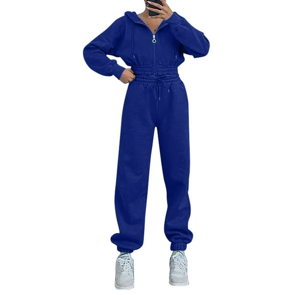 VBVC No Boundarie Women's 2 Piece Zip Up Sweatsuits,Hooded Cropped Sweatshirt and Jogger Set,Ladies High-Waisted Tracksuit with Drawstring,Blue,Size XL
