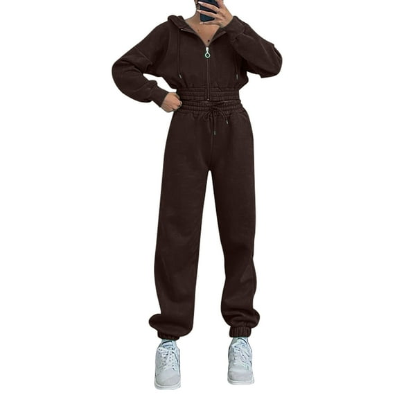 VBVC No Boundarie Women's 2 Piece Zip Up Sweatsuits,Hooded Cropped Sweatshirt and Jogger Set,Ladies High-Waisted Tracksuit with Drawstring,Coffee,Size XXL