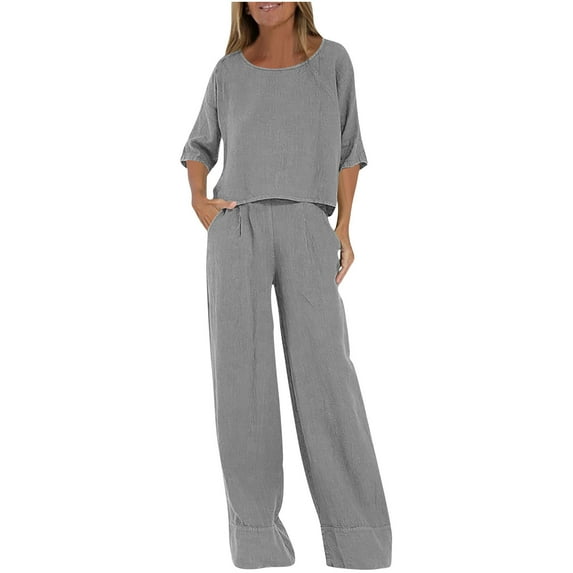 VBVC Women's 3/4 Sleeve High Waisted Outfits,Womens Solid Crewneck 2 Piece Sets,Ladies Casual Loose Trousers Suit With Pockets,Gray,Size XXXL