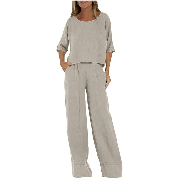 VBVC No Boundaries Women's 3/4 Sleeve High Waisted Outfits,Womens Solid Crewneck 2 Piece Sets,Ladies Casual Loose Trousers Suit With Pockets,Khaki,Size XL
