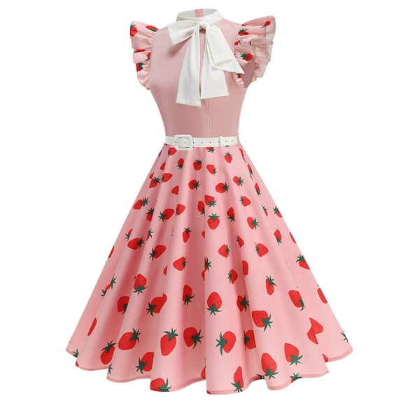 VBVC No Boundaries Women's 50s Strawberry Swing Dress,Belt Tie Neck Cocktail Dress For Women,Ladies A-Line Ruffled Sleeve Dress for Wedding Guest,Pink,Size XXL