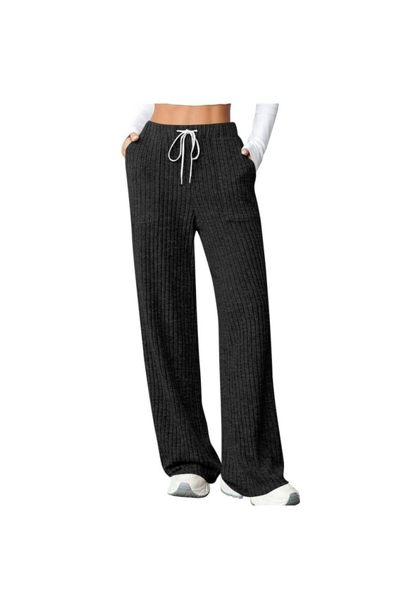 Women's Drawstring Knit Straight Leg Sweatpants,Ladies Soft Fit Elastic Waist Pants With Pocket,Casual Solid Oversized Trousers For Women,Black,SizeS