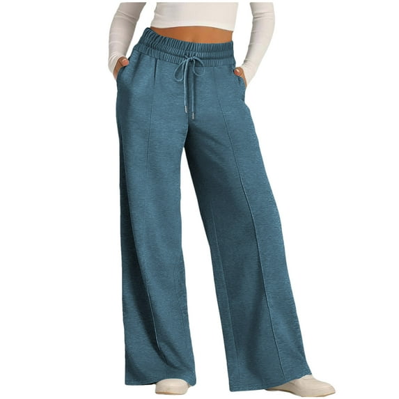 VBVC Women's Drawstring Wide Leg Sweatpants,Ladies High Waist Joggers Trouser With Pockets,Oversized Seamed Front Pants For Womens,Blue,SizeXL