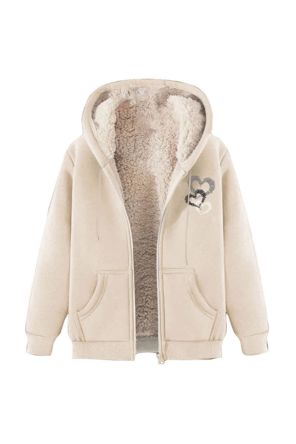 No Boundarie Women's Heart-Embellished Hooded Jackets,Full-Zip Fall Winter Hoodies For Women,Ladies Winter Outerwear with Pockets,Beige,Size XXXL