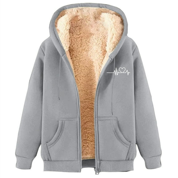 VBVC No Boundarie Women's Heartbeat-Print Hooded Jackets,Full-Zip Fall Winter Hoodies For Women,Ladies Winter Fleece-Lined Coat with Pockets,Gray,Size M