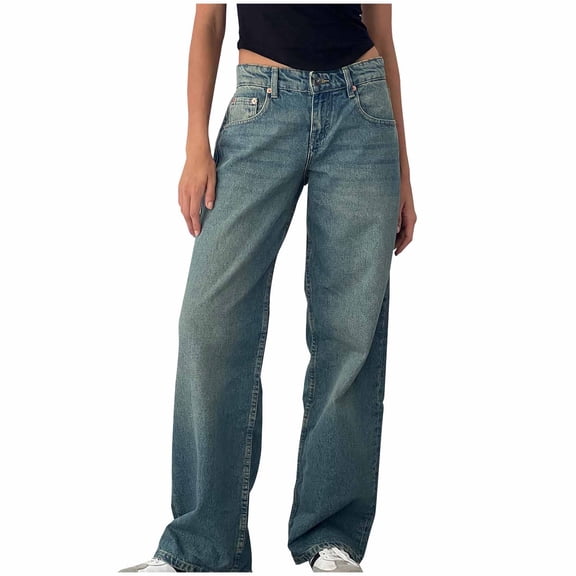 VBVC Women's High Rise Washed Denim Trousers,Ladies Loose Fit Zipper Jeans,Fashionable Wide Leg Pants With Pockets For Women,Blue,Size XS