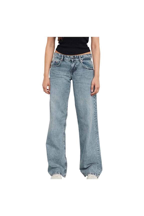 Women's High Rise Washed Denim Trousers,Ladies Loose Fit Zipper Jeans,Fashionable Wide Leg Pants With Pockets For Women,Sky Blue,Size L