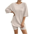 thumbnail image 1 of VBVC No Boundaries Women's Knit Crewneck 2 Piece Outfits,Womens Short Sleeve Tee Top and Shorts Sets,Ladies Solid Color Tracksuits With Pockets,Beige,Size XXL, 1 of 5