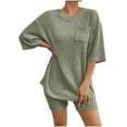 thumbnail image 1 of VBVC No Boundaries Women's Knit Crewneck 2 Piece Outfits,Womens Short Sleeve Tee Top and Shorts Sets,Ladies Solid Color Tracksuits With Pockets,Green,Size M, 1 of 5