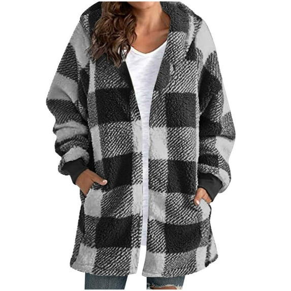 VBVC Women's Plus Double-Faced Fleece Coats,Ladies Plaid Hooded Shackets With Pockets,Winter Mid Length Open-Front Cardigans For Women,Black,Size XXL