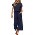 thumbnail image 1 of VBVC No Boundarie Women's Plus Size 2 Piece Waffle Outfit,Ladies Short Sleeve Top and Wide Leg Pants Set,Crewneck Loose Loungewear For Women,Navy,Size XXXL, 1 of 9