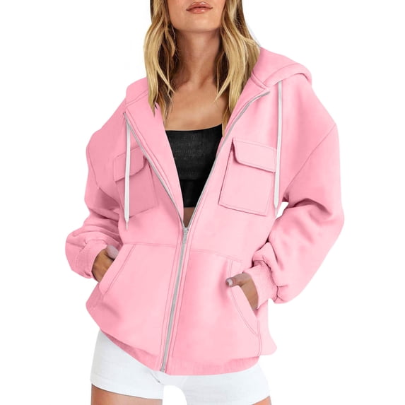 VBVC No Boundarie Women's Plus Size Hoodie Jacket,Ladies Warm Drawstring Tops with Multiple Pockets,Fall Winter Zip Up Outwear For Women,Pink,Size XXL