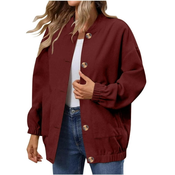 VBVC Women's Stand Collar Corduroy Jackets,Button Down Long Sleeve Tops For Girls,Ladies Fall Oversized Shirt Shackets With Pockets,Wine,Size XXL