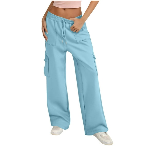 VBVC No Boundaries Women's Straight Leg Drawstring Cargo Sweatpants,Ladies Solid Color High Waisted Pants With 4 Pocket,Y2K Breathable Jogger Trousers For Women,Sky Blue,SizeXL