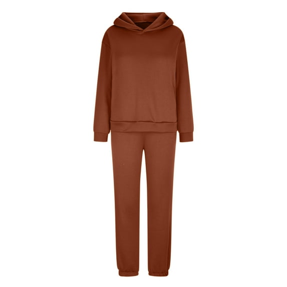VBVC Women's Thick Drawstring Two Piece Hoodie Sets,Ladies Solid Oversized Sweatpants,Fashion Long Sleeve Jogger Pants For Women,Coffee,Size XXL