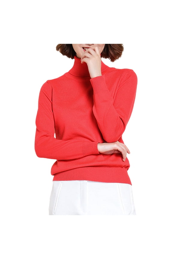 Women's Turtleneck Ribbed Knit Sweater,Ladies Fall Winter Slim Pullover Top,Plus Size Knitted Blouse For Women,Watermelon Red,Size M