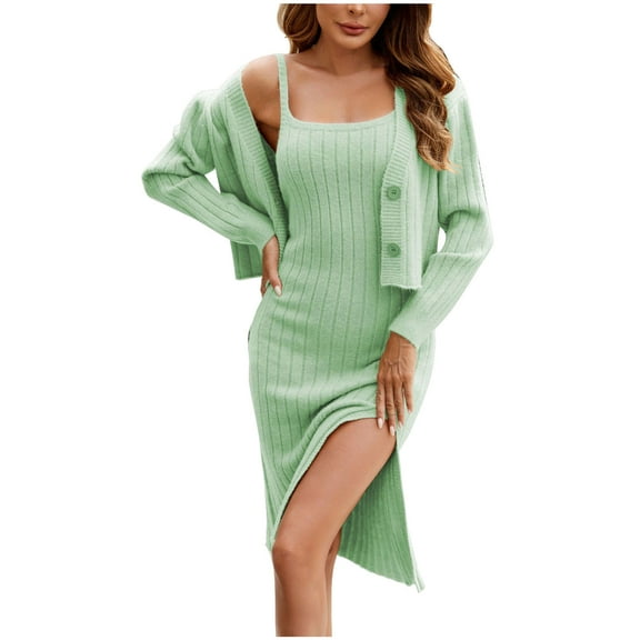 VBVC Women's Vintage Knitted Side Slit And Ankle Dressy Sets,Ladies Solid Color 2 Piece Fall Outfit,Women's Warm Long Sleeve Dress With Sweater Tops,Green,Size L