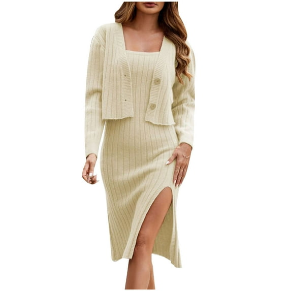 VBVC No Boundaries Women's Vintage Knitted Side Slit And Ankle Dressy Sets,Ladies Solid Color 2 Piece Fall Outfit,Women's Warm Long Sleeve Dress With Sweater Tops,Beige,Size XL