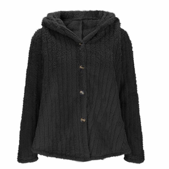 VBVC No Boundaries Women's Winter Fuzzy Hooded Cardigan,Warm Button Down Top Outerwear For Women,Ladies Soft Long Sleeve Coat with Pockets,Black,Size S