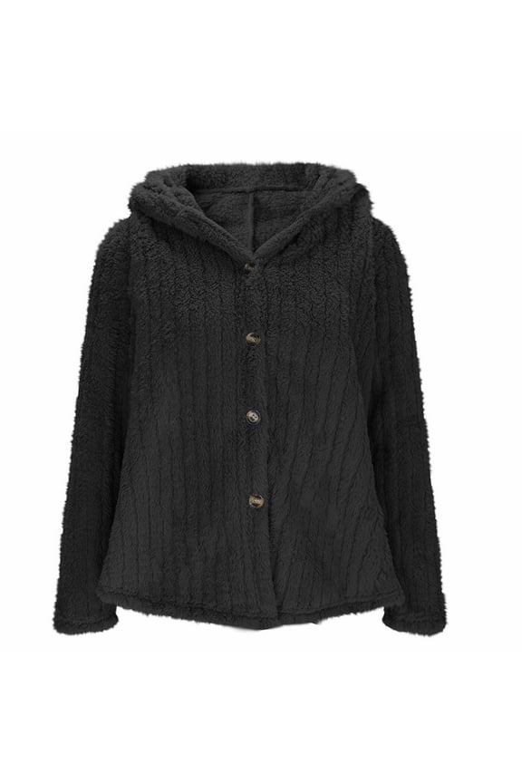 No Boundarie Women's Winter Fuzzy Hooded Cardigan,Warm Button Down Top Outerwear For Women,Ladies Soft Long Sleeve Coat with Pockets,Black,Size S