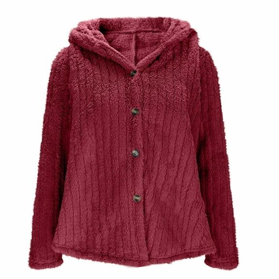 VBVC No Boundarie Women's Winter Fuzzy Hooded Cardigan,Warm Button Down Top Outerwear For Women,Ladies Soft Long Sleeve Coat with Pockets,Wine,Size L