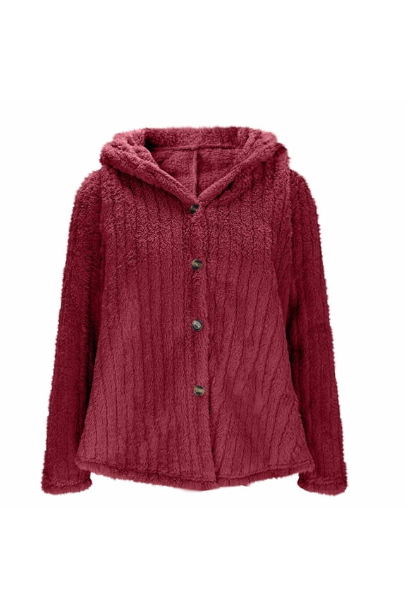 No Boundarie Women's Winter Fuzzy Hooded Cardigan,Warm Button Down Top Outerwear For Women,Ladies Soft Long Sleeve Coat with Pockets,Wine,Size M