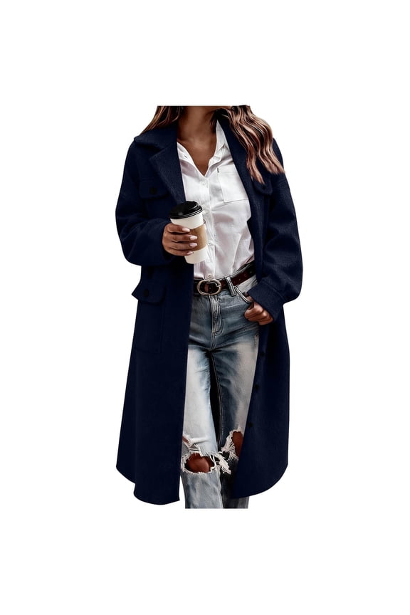 No Boundarie Women's Winter Long Trench Coat,Single Breasted Overcoat For Women,Ladies Lapel Collar Elegant Jackets With Pockets,Dark Blue,Size XXL