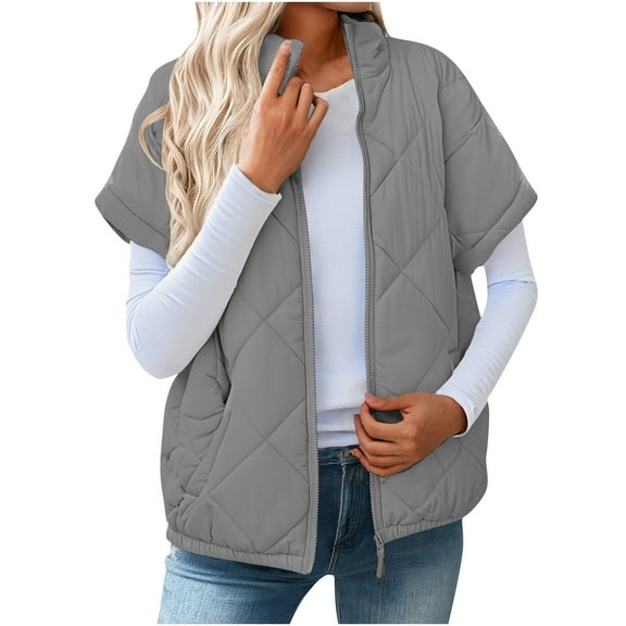 VBVC Women's Winter Quilted Zip Up Vests,Ladies Lightweight Fall Winter Jackets With Pockets,Stand Collar Padded Coats For Women,Gray,Size XL
