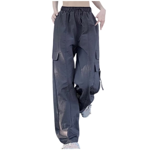 VBVC Women's Y2K Baggy Cargo Pants,High Waist Parachute Trousers For Women,Ladies Wide Leg Streetwear with Drawstring Pockets,Gray,Size M