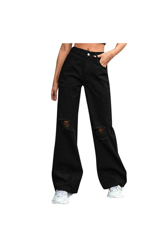 Women's Y2K Straight Leg Zipper Ripped Jeans,Ladies High Waist Stretchy Denim Pants,Solid Color Breathable Jeans Trousers For Women,Black,Size XL