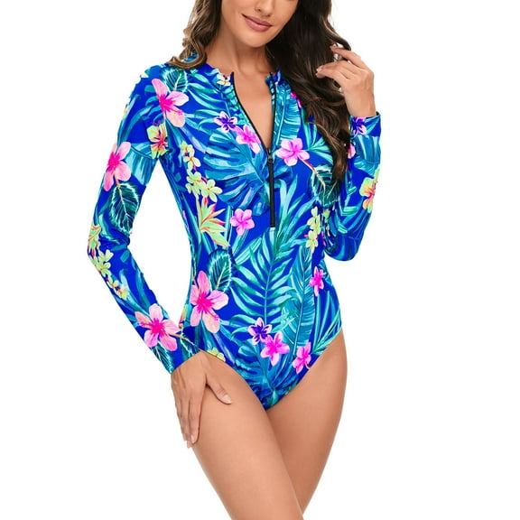VBVC Clearance One Piece Swimsuit Women Summer Conservative Long Sleeve Surfing Rash Guards Bathing Suits Summer Tropical Floral Print Zip Up Swimsuits