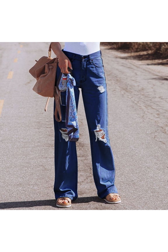 Frayed Distressed Stretchy Fashion Denim Summer Pants Women's High Waist Ripped Skinny Slim Fit Jeans Navy<,Size XL