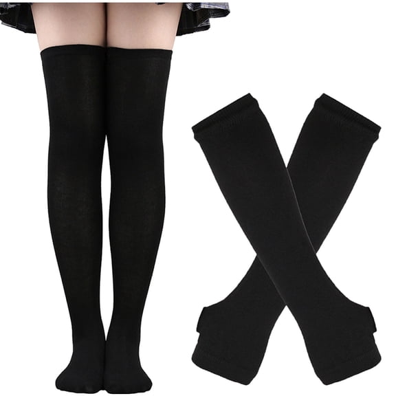 VBVC Ladies Knee-High Striped Socks Set,Party Dress-Up Glove and Socks for Women and Teens,Black,Size Free Size