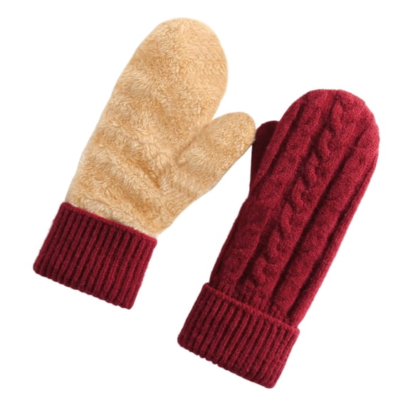 VBVC Ladies Warm Fleece-Lined Knitted Gloves,Burgundy Winter Design,Cold-Resistant Gloves for Women,Red,Size Free Size