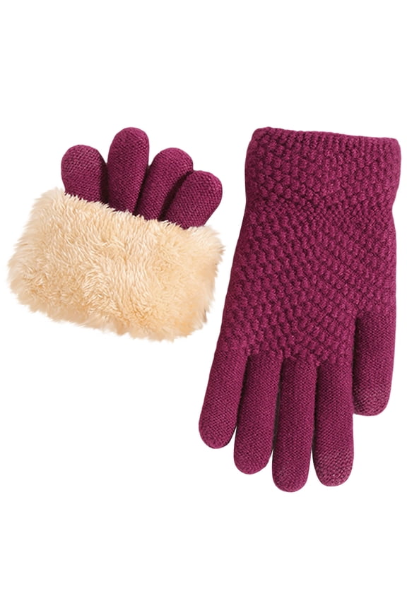 Ladies Warm Fleece-Lined Knitted Gloves,Burgundy Winter Design,Cold-Resistant Gloves for Women,Wine,Size Free Size
