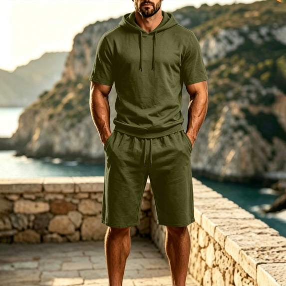 VBVC Men's 2 Piece Drawstring Sweatsuit with Pockets , Summer Short Sleeve Hoodie and Shorts Set for Men, S-2XL