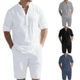 thumbnail image 1 of VBVC Men's 2 Piece Linen-Cotton Outfit Set,Long Sleeve Shirt and Drawstring Shorts For Men,White,S-3XL, 1 of 1